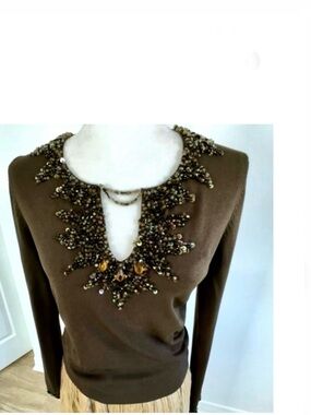 🆕 Vintage ´90s Brown Jersey Top  Beaded & Sequinned  Neck & Sleeves Lines  • New